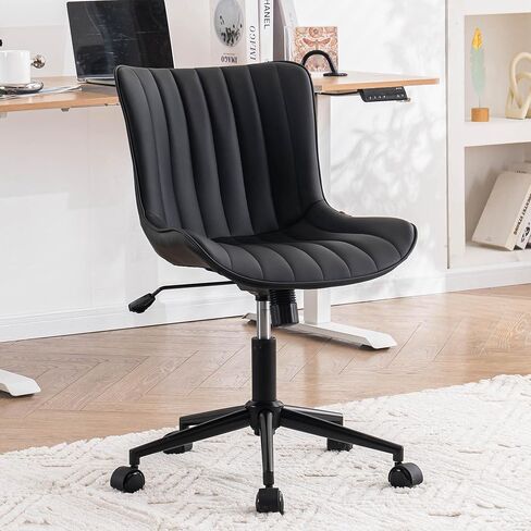 YOUNIKE Ergonomic Home Office Desk Chair with Wheels Comfy Armless Criss Cross Chair with Back Adjustable Height Modern Leather Upholstered Swivel Vanity Chair Small Cute Rolling Task Chair Tan in Saudi Arabia