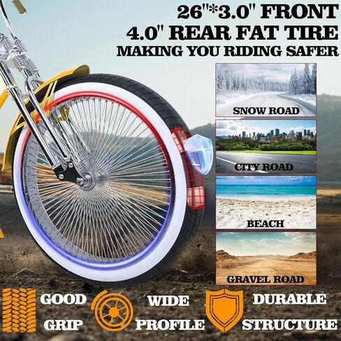 Tracer Scorpion Pro DTS Cruiser Bike 26 Inch, 3.0 Fat Tire Stretch Chopper Bicycle, Single Speed for Adult Men and Women, Cruiser Bike Oversized U-tpye Hi-Ten Steel Frame in Saudi Arabia
