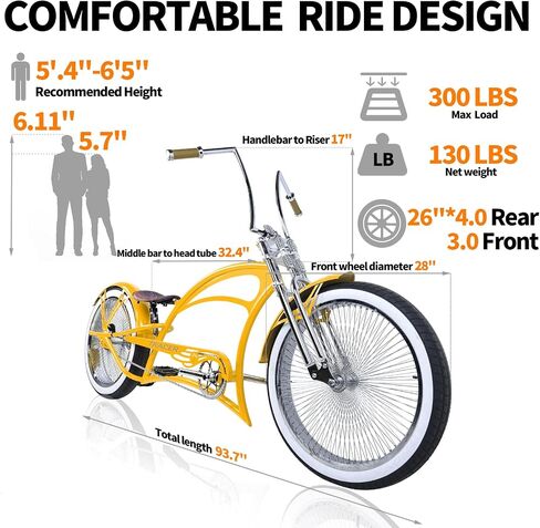 Tracer Scorpion Pro DTS Cruiser Bike 26 Inch, 3.0 Fat Tire Stretch Chopper Bicycle, Single Speed for Adult Men and Women, Cruiser Bike Oversized U-tpye Hi-Ten Steel Frame in Saudi Arabia
