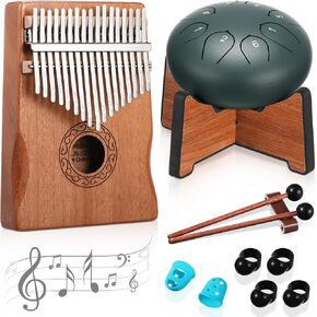 Rain Drum for Outside Garden Thumb Piano Kalimba Musical Instruments Set 8 Notes 6 Inches Steel Tongue Drum 17 Keys Finger Piano for Adult Beginners Gift for Christmas(Moss-flower Blue) in Kuwait