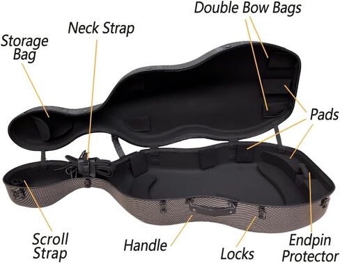 4/4 Full Szie Cello Case Hard - Carbon Fiber Cello Box with Embedded Handle, Wheels & Adjustable Straps White, Professional Travel Protection in Kuwait