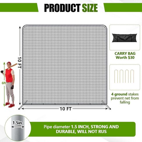 شاشة بيسبول Soulchen I مقاس 10 × 10 بوصات شبكة رمي الكرة اللينة بإطار فولاذي مقاس 1.5 بوصة مع حقيبة محمولة لقفص الضرب في الفناء الخلفي لحماية القاذف in Kuwait