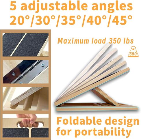 Adjustable 16.5"×12" Wooden Slant Board – 5-Angle Foldable Calf Stretcher & Squat Wedge for Home-Gym, Portable Incline Board, 350 lb Rated in Saudi Arabia