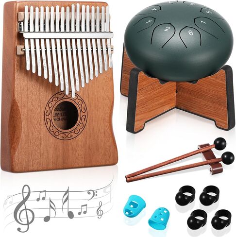 Rain Drum for Outside Garden Thumb Piano Kalimba Musical Instruments Set 8 Notes 6 Inches Steel Tongue Drum 17 Keys Finger Piano for Adult Beginners Gift for Christmas(Moss-flower Blue) in Kuwait