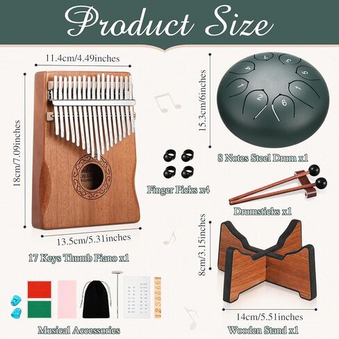 Rain Drum for Outside Garden Thumb Piano Kalimba Musical Instruments Set 8 Notes 6 Inches Steel Tongue Drum 17 Keys Finger Piano for Adult Beginners Gift for Christmas(Moss-flower Blue) in Kuwait