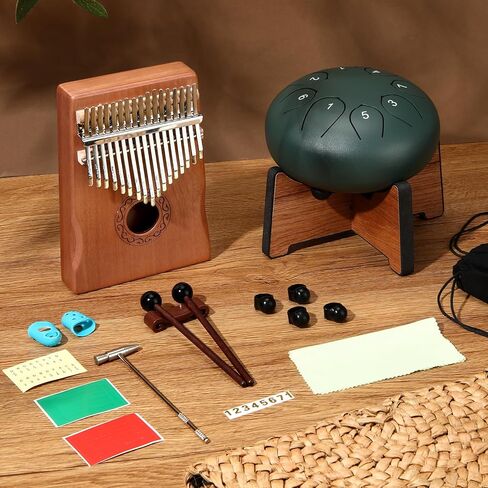 Rain Drum for Outside Garden Thumb Piano Kalimba Musical Instruments Set 8 Notes 6 Inches Steel Tongue Drum 17 Keys Finger Piano for Adult Beginners Gift for Christmas(Moss-flower Blue) in Kuwait