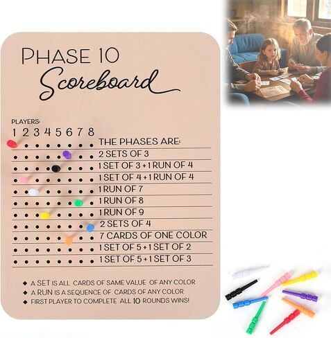 Phase 10 Score Board, 2025 Wooden Phase 10 Scoreboard with 8 Colored Pegs, Phase 10 Card Game for Family & Adult Game Nights in Saudi Arabia
