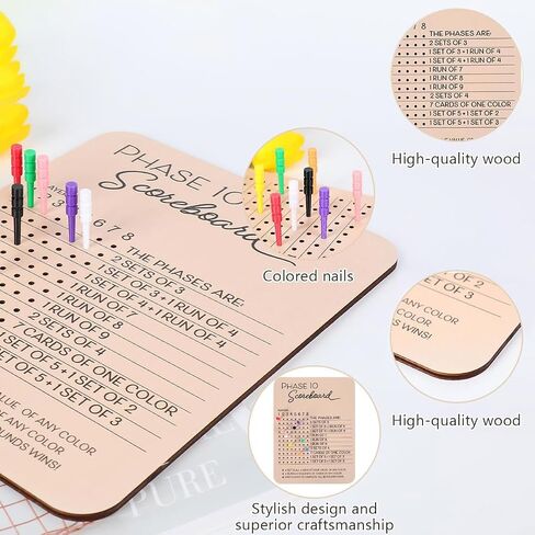 Phase 10 Score Board, 2025 Wooden Phase 10 Scoreboard with 8 Colored Pegs, Phase 10 Card Game for Family & Adult Game Nights in Saudi Arabia