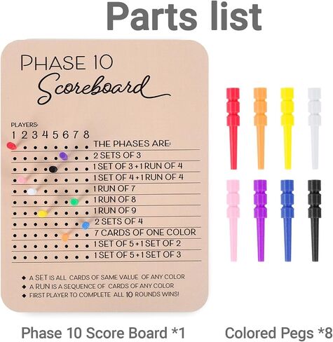 Phase 10 Score Board, 2025 Wooden Phase 10 Scoreboard with 8 Colored Pegs, Phase 10 Card Game for Family & Adult Game Nights in Saudi Arabia