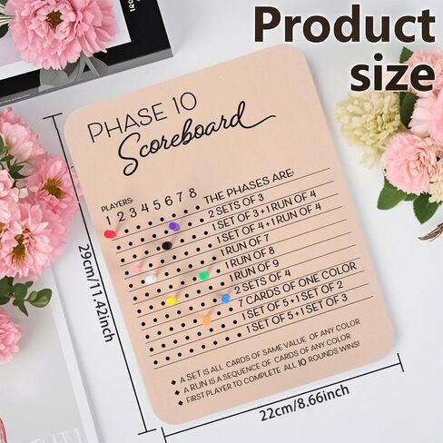 Phase 10 Score Board, 2025 Wooden Phase 10 Scoreboard with 8 Colored Pegs, Phase 10 Card Game for Family & Adult Game Nights in Saudi Arabia