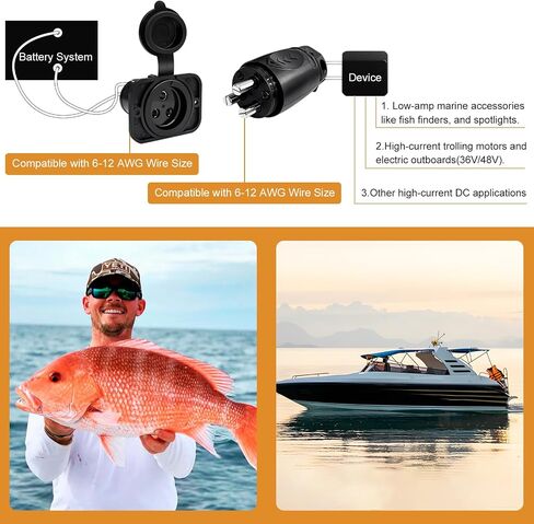 70A Trolling Motor Plug Receptacle Waterproof Heavy Duty 12-48V for 2 or 3-Wire Systems Compatible with Minn Kota Marine Boat (Black) in Saudi Arabia
