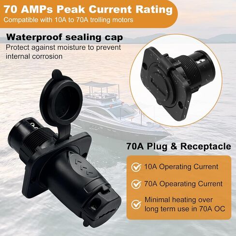 70A Trolling Motor Plug Receptacle Waterproof Heavy Duty 12-48V for 2 or 3-Wire Systems Compatible with Minn Kota Marine Boat (Black) in Saudi Arabia