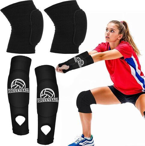 Breathable Volleyball Knee Pads and Volleyball Arm Sleeves Set for Youth Girls, Volleyballs Arm Pads with Protection Foam Pad and Thumb Hole, Padded Volleyballs Arms and Knee Sleeves for Teens(Black) in Saudi Arabia