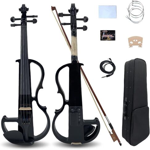 كمان كهربائي كامل الحجم 4/4، كمان أسود للممارسة الصامتة، كمان كهربائي معدني من الخشب الصلب مع تركيبات من خشب الأبنوس، مجموعة للمبتدئين للبالغين والمراهقين (بني) in Kuwait