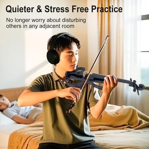 كمان كهربائي كامل الحجم 4/4، كمان أسود للممارسة الصامتة، كمان كهربائي معدني من الخشب الصلب مع تركيبات من خشب الأبنوس، مجموعة للمبتدئين للبالغين والمراهقين (بني) in Kuwait