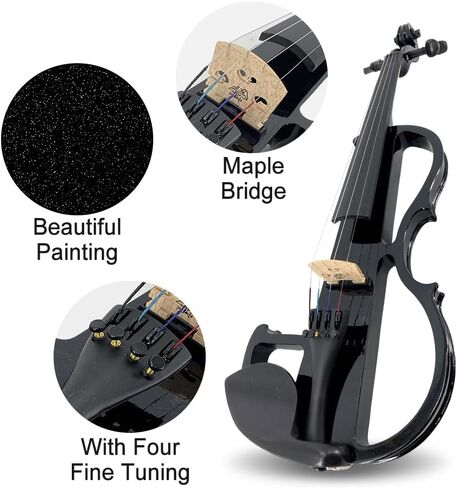 كمان كهربائي كامل الحجم 4/4، كمان أسود للممارسة الصامتة، كمان كهربائي معدني من الخشب الصلب مع تركيبات من خشب الأبنوس، مجموعة للمبتدئين للبالغين والمراهقين (بني) in Kuwait