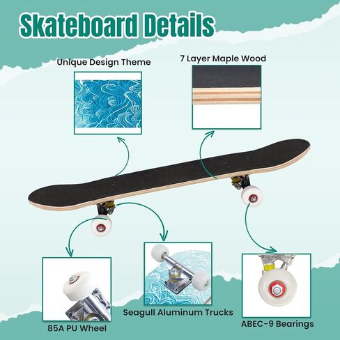 Skateboards Artwork 7 Layer Maple Wood Deck 31" x 8" Double Kick Concave Complete Tricks Skateboard for Beginners Teens Kids Adults in Saudi Arabia