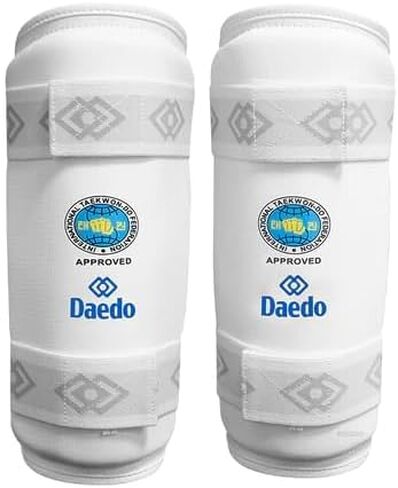 واقيات الساق البيضاء المعتمدة من Daedo ITF - واقيات الساق في الفنون القتالية - واقيات خفيفة الوزن مع أشرطة للتدريب in Kuwait
