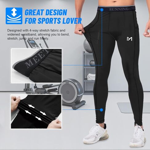 Men’s Compression Pants Running Leggings Athletic Base Layer Workout Tights with Pockets for Sports Basketball Black in Saudi Arabia