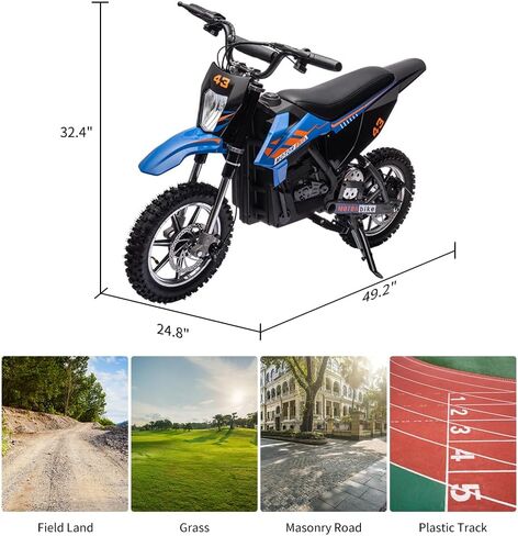 36V Electric Dirt Bike for Kids 8-14, 15.5MPH Off-Road Motorcycle 350W Brushless and 500W Brushed, High-Speed for Teens with LED Headlight, Leather Seat, Front+Back Brake for Max Load 175lbs, Blue in Saudi Arabia