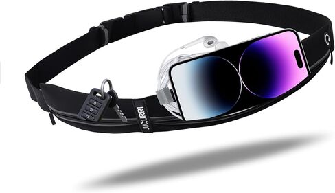 حزام جري نحيف للنساء والرجال، حامل هاتف مقاوم للماء للجري، حزمة خصر عاكسة بجيبين لتخزين أساسيات العداء بأمان، حزمة فاني العداء، حزام المال يناسب معظم الهواتف (أسود) in Kuwait