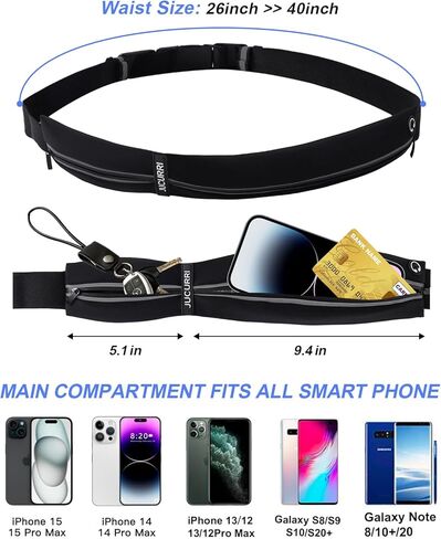 حزام جري نحيف للنساء والرجال، حامل هاتف مقاوم للماء للجري، حزمة خصر عاكسة بجيبين لتخزين أساسيات العداء بأمان، حزمة فاني العداء، حزام المال يناسب معظم الهواتف (أسود) in Kuwait