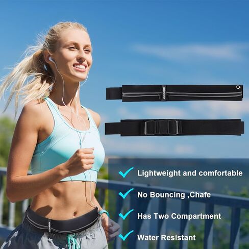 حزام جري نحيف للنساء والرجال، حامل هاتف مقاوم للماء للجري، حزمة خصر عاكسة بجيبين لتخزين أساسيات العداء بأمان، حزمة فاني العداء، حزام المال يناسب معظم الهواتف (أسود) in Kuwait