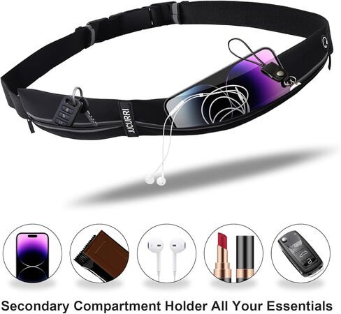 حزام جري نحيف للنساء والرجال، حامل هاتف مقاوم للماء للجري، حزمة خصر عاكسة بجيبين لتخزين أساسيات العداء بأمان، حزمة فاني العداء، حزام المال يناسب معظم الهواتف (أسود) in Kuwait