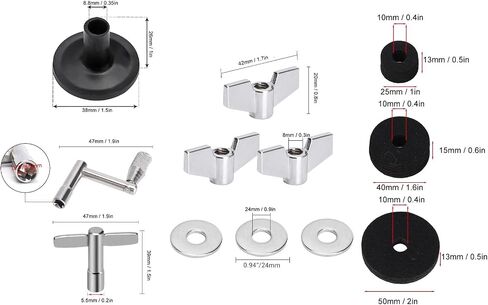 Tissting 23 Pcs Cymbal Replacement Accessories Set, 2.5cm 4cm 5cm Felt Pads, Drum Cymbal Sleeves, Nuts, Washers, T and Z Wrench for Drum Set Maintenance (Black) in Saudi Arabia