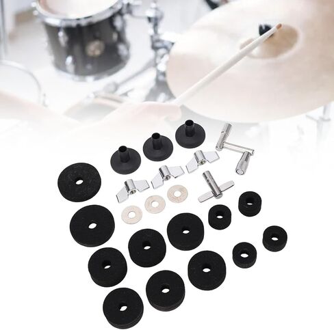 Tissting 23 Pcs Cymbal Replacement Accessories Set, 2.5cm 4cm 5cm Felt Pads, Drum Cymbal Sleeves, Nuts, Washers, T and Z Wrench for Drum Set Maintenance (Black) in Saudi Arabia