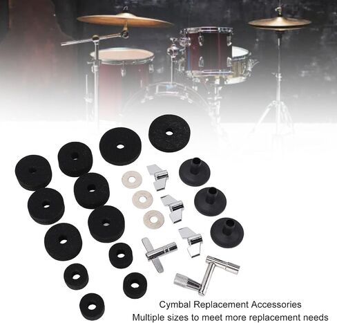 Tissting 23 Pcs Cymbal Replacement Accessories Set, 2.5cm 4cm 5cm Felt Pads, Drum Cymbal Sleeves, Nuts, Washers, T and Z Wrench for Drum Set Maintenance (Black) in Saudi Arabia