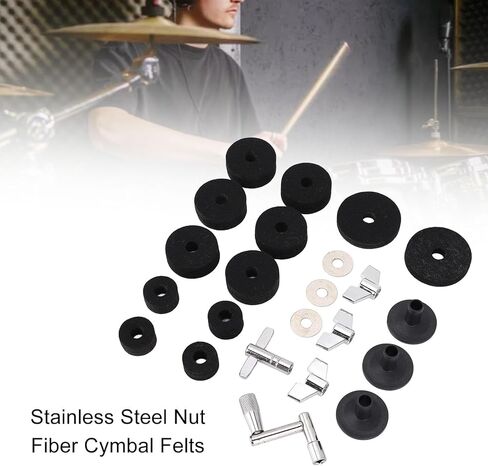 Tissting 23 Pcs Cymbal Replacement Accessories Set, 2.5cm 4cm 5cm Felt Pads, Drum Cymbal Sleeves, Nuts, Washers, T and Z Wrench for Drum Set Maintenance (Black) in Saudi Arabia