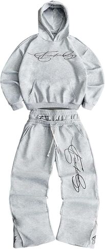 Men's 2 Piece Sweat Sets Embroidered Graphic Hoodies & Double Waisted Baggy Sweatpants in Saudi Arabia