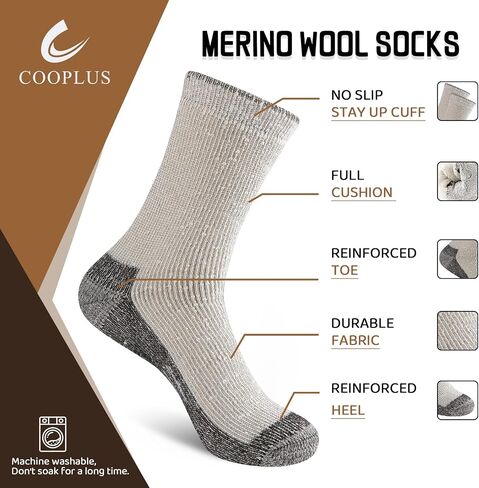 جوارب COOPLUS ميرينو الصوفية للتنزه سيرًا على الأقدام للرجال وسادة حرارية دافئة جوارب شتوية للعمل (4 أزواج) in Saudi Arabia