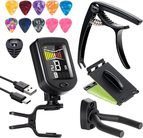 Guitar Capo Rechargeable Guitar Tuner Acoustic Guitar Accessories Kit Including Capo, Tuner, Picks, Wall Mount Hanger, Guitar String Cleaner for Guitar Players in Saudi Arabia