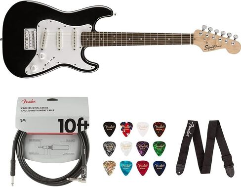 Squier Mini Stratocaster Electric Guitar (Indian Laurel Fingerboard, Black) Bundle with 10ft Cable, 12-Pack Picks, and 2" Guitar Straps in Saudi Arabia