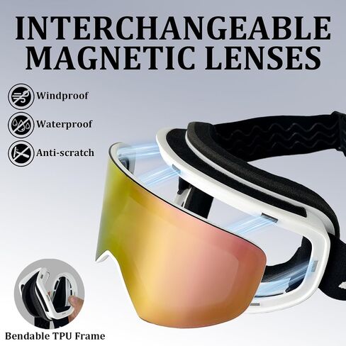 OTG Ski Goggles,Frameless Anti Fog Snowboard Goggles,100% UV Protection Magnetic Interchangeable Lens in Saudi Arabia