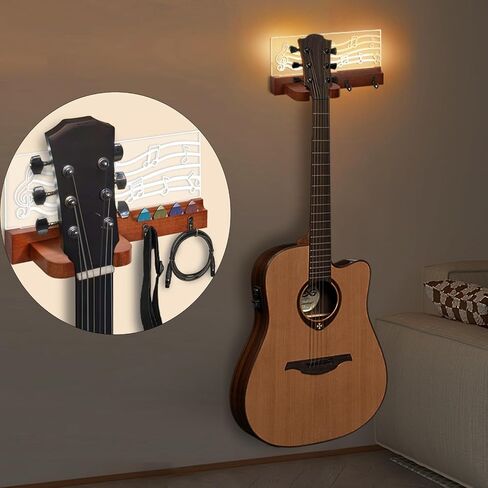 Light Up Guitar Wall Mount with Light, Solid Wooden Guitar Stand with Hooks and Pick Holder, Christmas Gifts for Guitar Players - Guitar Gift for Men, for Acoustic, Electric, Bass, Ukulele in Saudi Arabia
