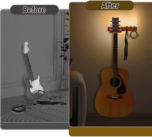 Light Up Guitar Wall Mount with Light, Solid Wooden Guitar Stand with Hooks and Pick Holder, Christmas Gifts for Guitar Players - Guitar Gift for Men, for Acoustic, Electric, Bass, Ukulele in Saudi Arabia