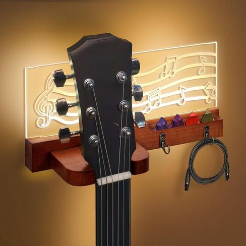 Light Up Guitar Wall Mount with Light, Solid Wooden Guitar Stand with Hooks and Pick Holder, Christmas Gifts for Guitar Players - Guitar Gift for Men, for Acoustic, Electric, Bass, Ukulele in Saudi Arabia