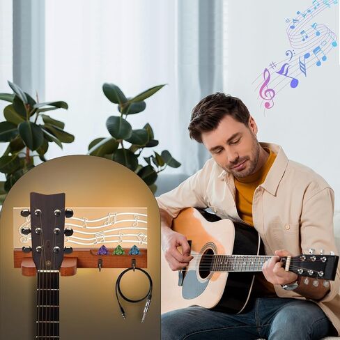 Light Up Guitar Wall Mount with Light, Solid Wooden Guitar Stand with Hooks and Pick Holder, Christmas Gifts for Guitar Players - Guitar Gift for Men, for Acoustic, Electric, Bass, Ukulele in Saudi Arabia
