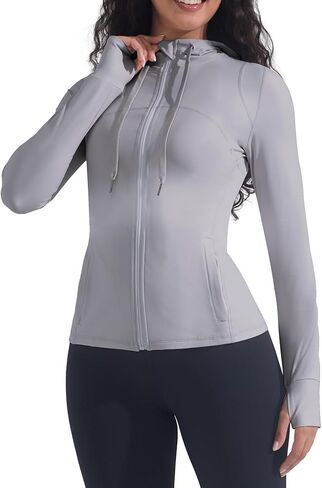 Womens Hooded Workout Jacket Athletic Running Slim Fit Buttery Soft Full Zip Up with Back Mesh Vent and Thumb Holes in Saudi Arabia
