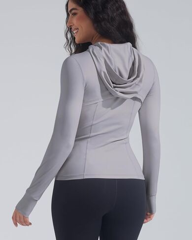 Womens Hooded Workout Jacket Athletic Running Slim Fit Buttery Soft Full Zip Up with Back Mesh Vent and Thumb Holes in Saudi Arabia