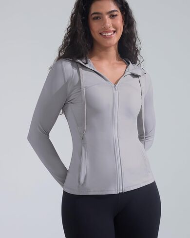 Womens Hooded Workout Jacket Athletic Running Slim Fit Buttery Soft Full Zip Up with Back Mesh Vent and Thumb Holes in Saudi Arabia