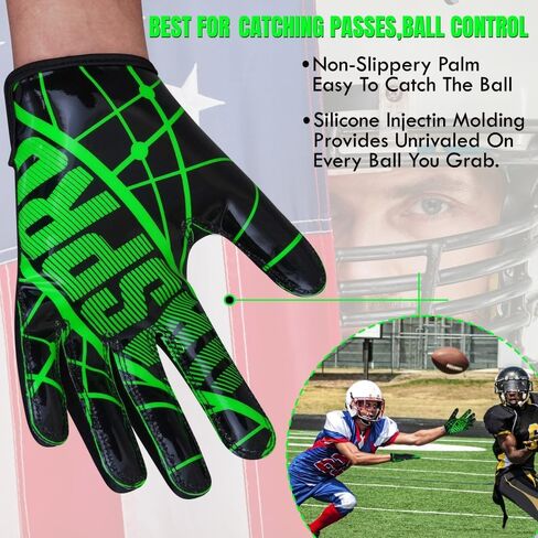Youth Unisex American Football Gloves M/o Silicone Palm, Breathable Material with Hook & Loop in Flexible Fit in Saudi Arabia