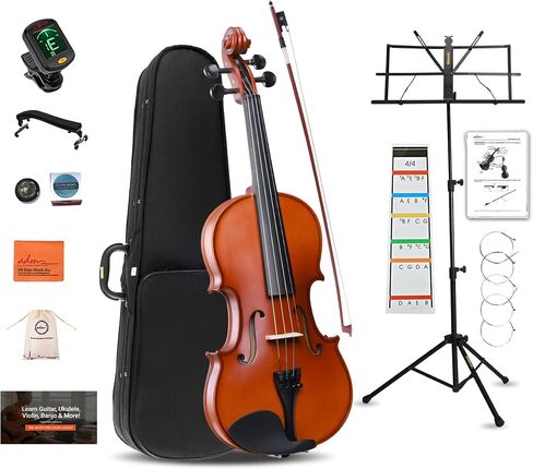 ADM Acoustic Violin for Beginner 4/4 Full Size Violin Set Solid Wood Ebony for Adult Teen Student Starter Kit with Hard Case, Rosin, Shoulder Rest, Bow, Music Stand, Strings, Free Lessons, Matte Brown in Saudi Arabia