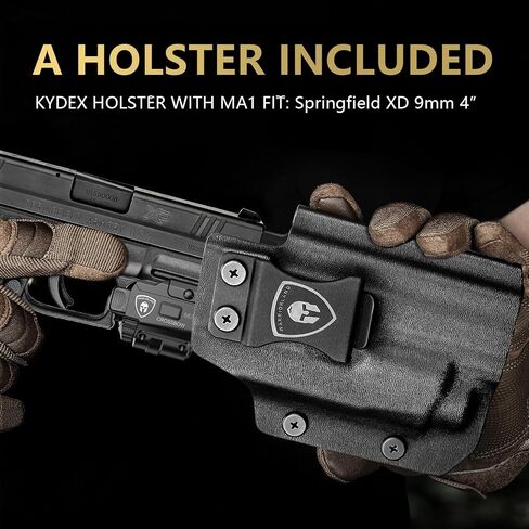 WARRIORLAND 800-Lumen MA1 Pistol Laser LED Light & Holster Combo، مناسب لـ Sprindfield XD 9mm 4 "مسدس، USB مغناطيسي قابل لإعادة الشحن | حالة طاقة الشاشة | IWB/OWB الحافظة اليمنى مع قطع البصريات in Saudi Arabia