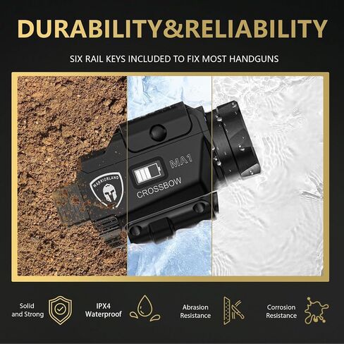 WARRIORLAND 800-Lumen MA1 Pistol Laser LED Light & Holster Combo، مناسب لـ Sprindfield XD 9mm 4 "مسدس، USB مغناطيسي قابل لإعادة الشحن | حالة طاقة الشاشة | IWB/OWB الحافظة اليمنى مع قطع البصريات in Saudi Arabia
