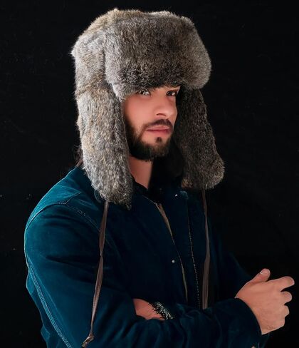 Unisex Russian Ushanka Classic Trapper Boomber Rabbit Fur Hat Real Fur Aviator Hat for Cold Winter in Saudi Arabia