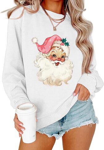 Christmas Sweatshirt for Women Novelty Pink Santa Xmas Graphic Long Sleeve Pullover Tops in Saudi Arabia